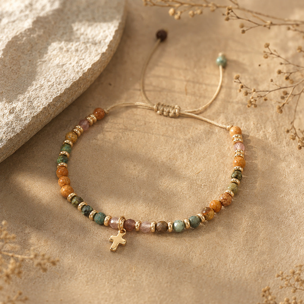 【Deal Today】Boho Natural Stone Cross Bracelet with Adjustable Cord — Faith | Amen Artisan