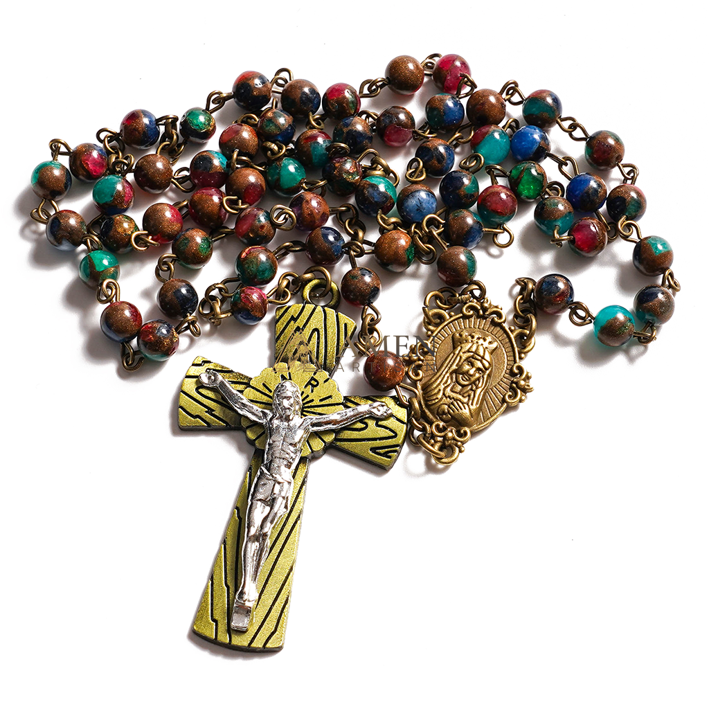 Goldstone Rosary with Vintage Alloy Cross and Holy Medal - Blessing & Protection |  Amen Artisan