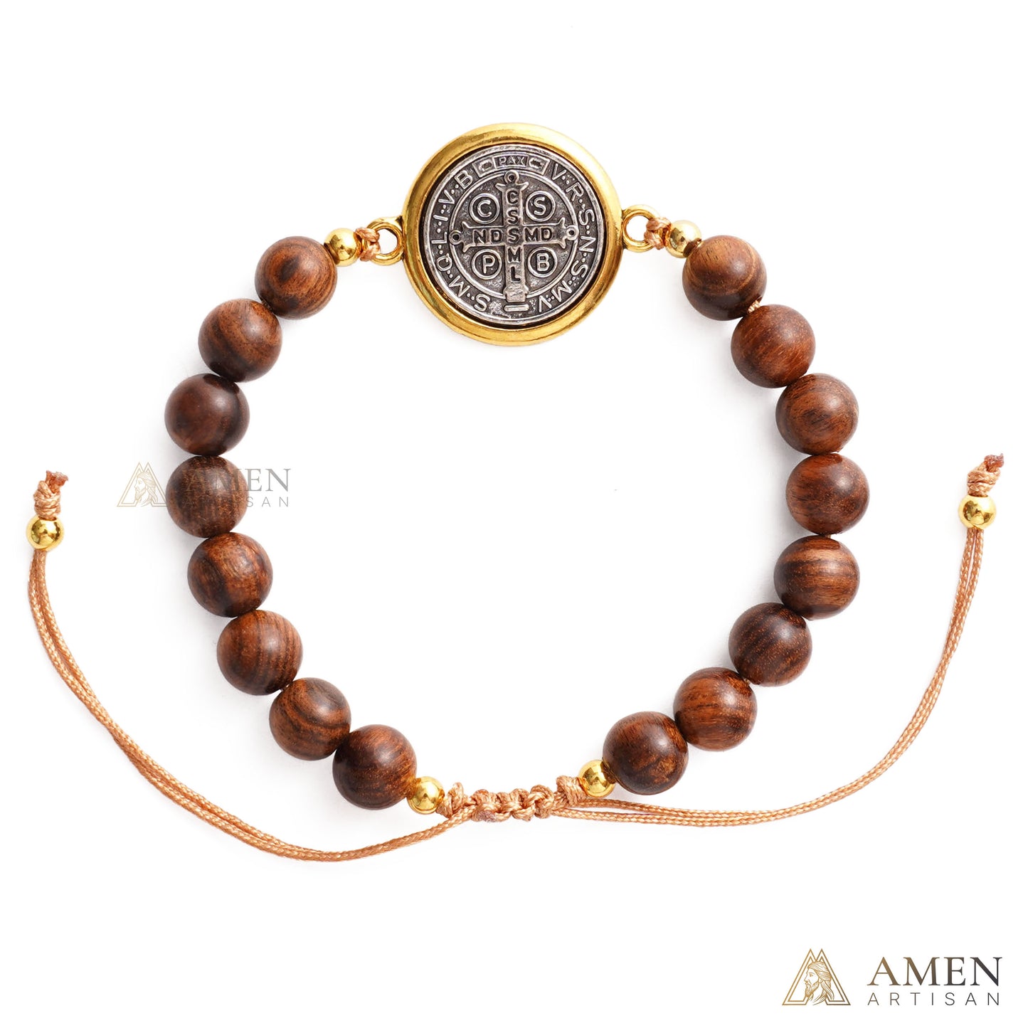 Wooden Beads Saint Benedict Medal Adjustable Bracelet Amen Artisan