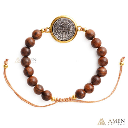 Wooden Beads Saint Benedict Medal Adjustable Bracelet Amen Artisan