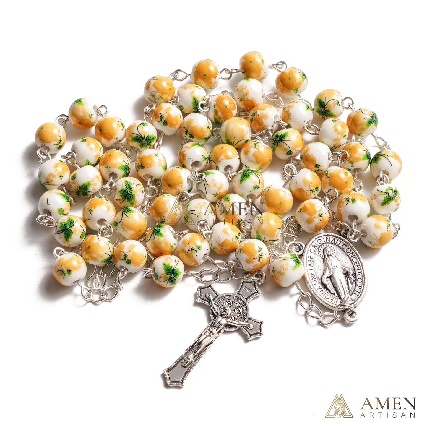 Yellow Peony Ceramic Rosary Amen Artisan