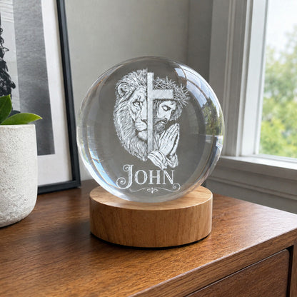 【Deal Today】Personalized Christian Crystal Night Light with Lion, Cross, and Jesus — Strength