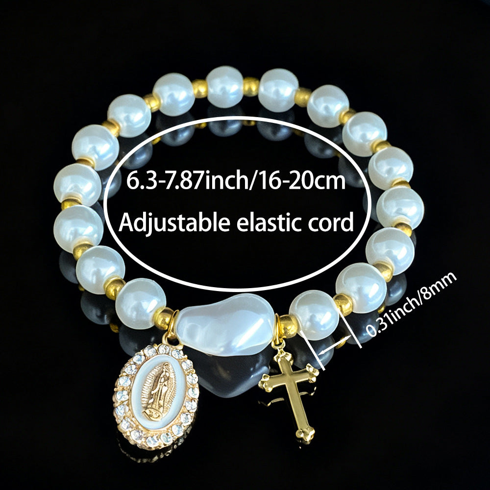 Pearl Gold Virgin Mary Diamond-Studded Cross Elastic Bracelet Amen Artisan