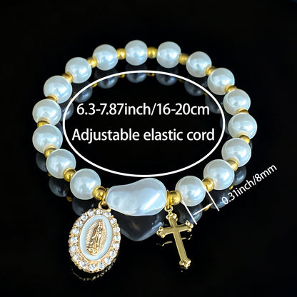 Pearl Gold Virgin Mary Diamond-Studded Cross Elastic Bracelet Amen Artisan