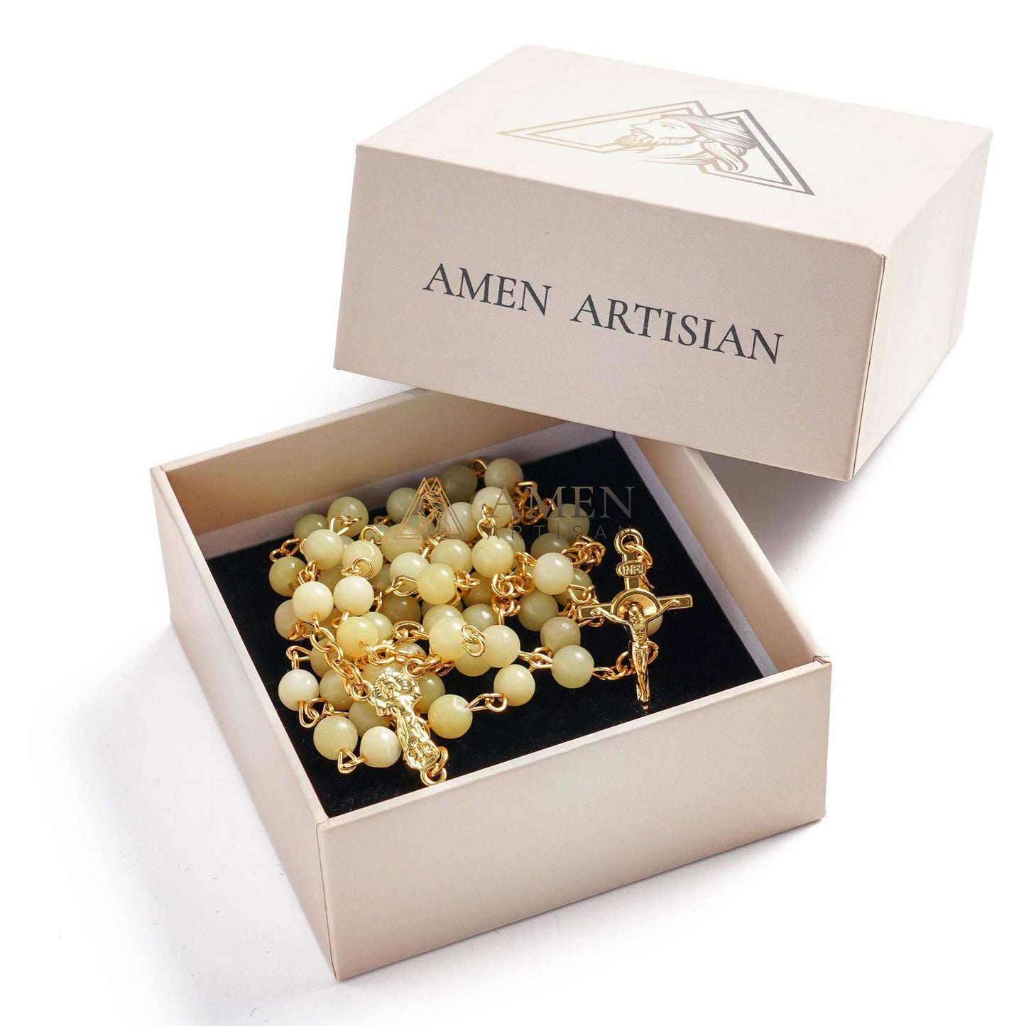 Green Yellow Jade Bead Rosary Amen Artisan