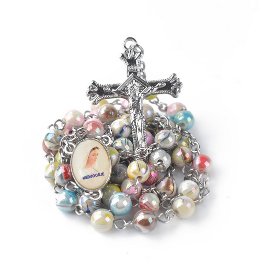 Our Lady of Lourdes Colorful Ceramic Beads Cross Pendant Rosary