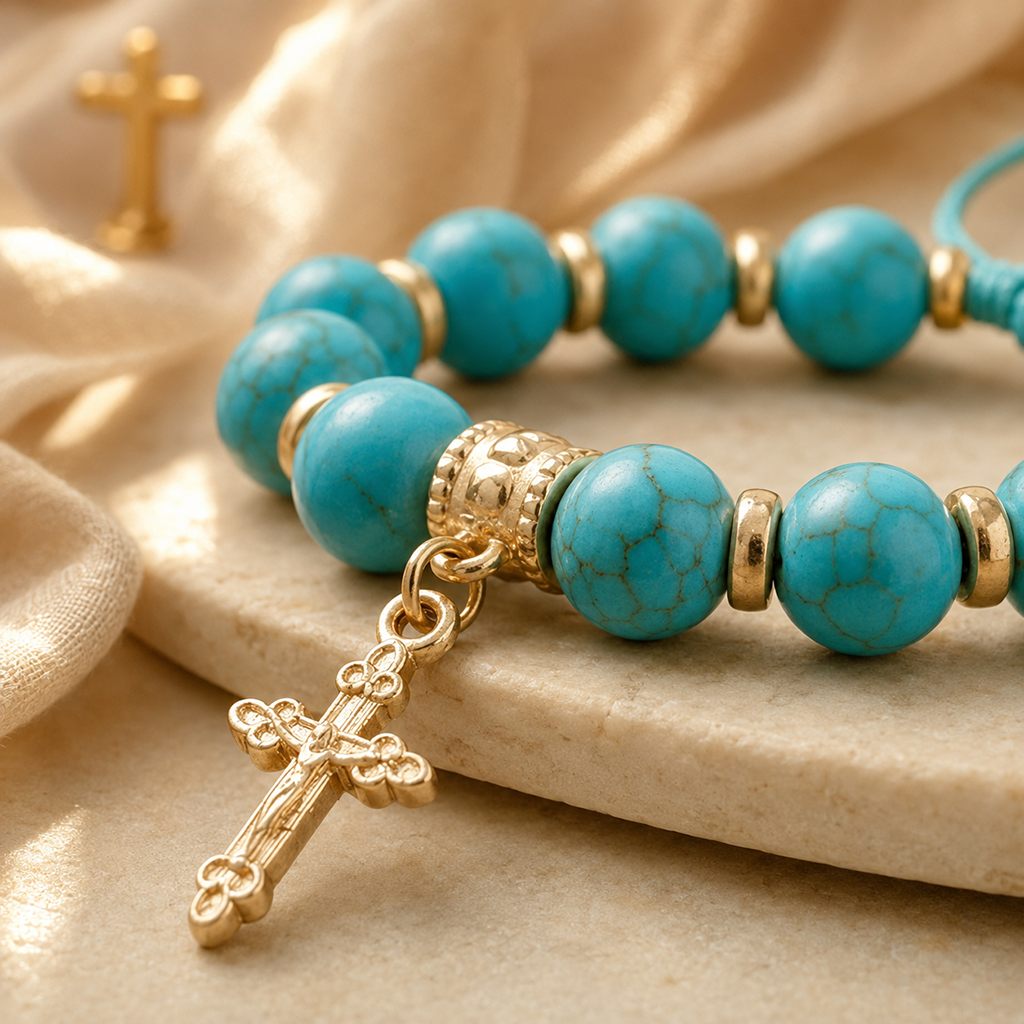 Adjustable Turquoise-Style Beaded Cross Bracelet