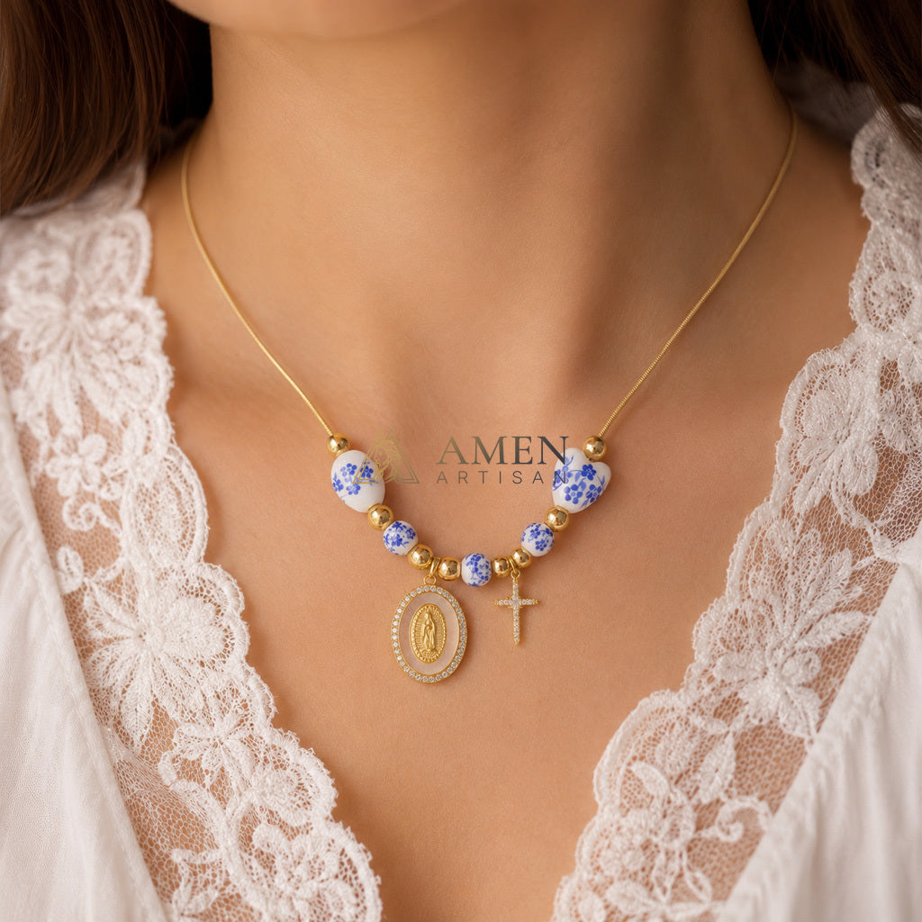Floral Ceramic and Zircon Virgin Mary Cross Necklace Amen Artisan