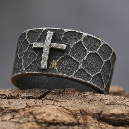 Hammered Cross Titanium Steel Ring Amen Artisan