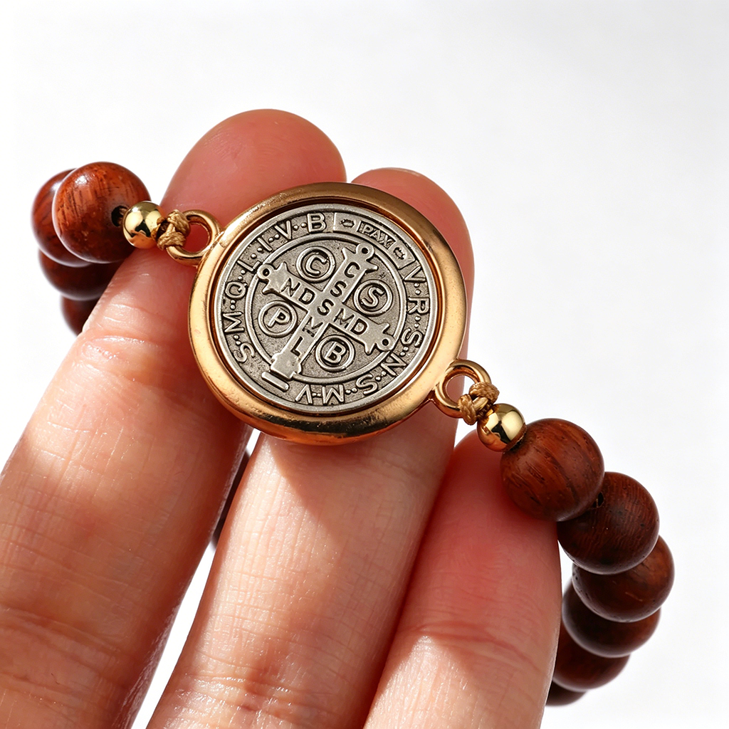 Wooden Beads Saint Benedict Medal Adjustable Bracelet Amen Artisan