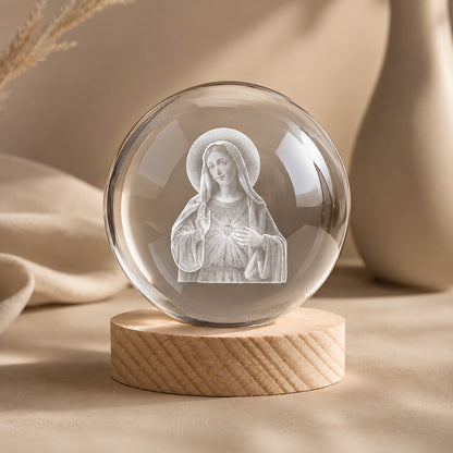 Virgin Mary Crystal Ball Night Light with Warm Wooden Base
