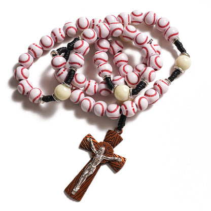 "Home Run" Baseball Rosary – Hand-Stitched Style Beads with Wood-Grain Bat Crucifix – Durable Catholic Gift for Athletes & Baseball Fans