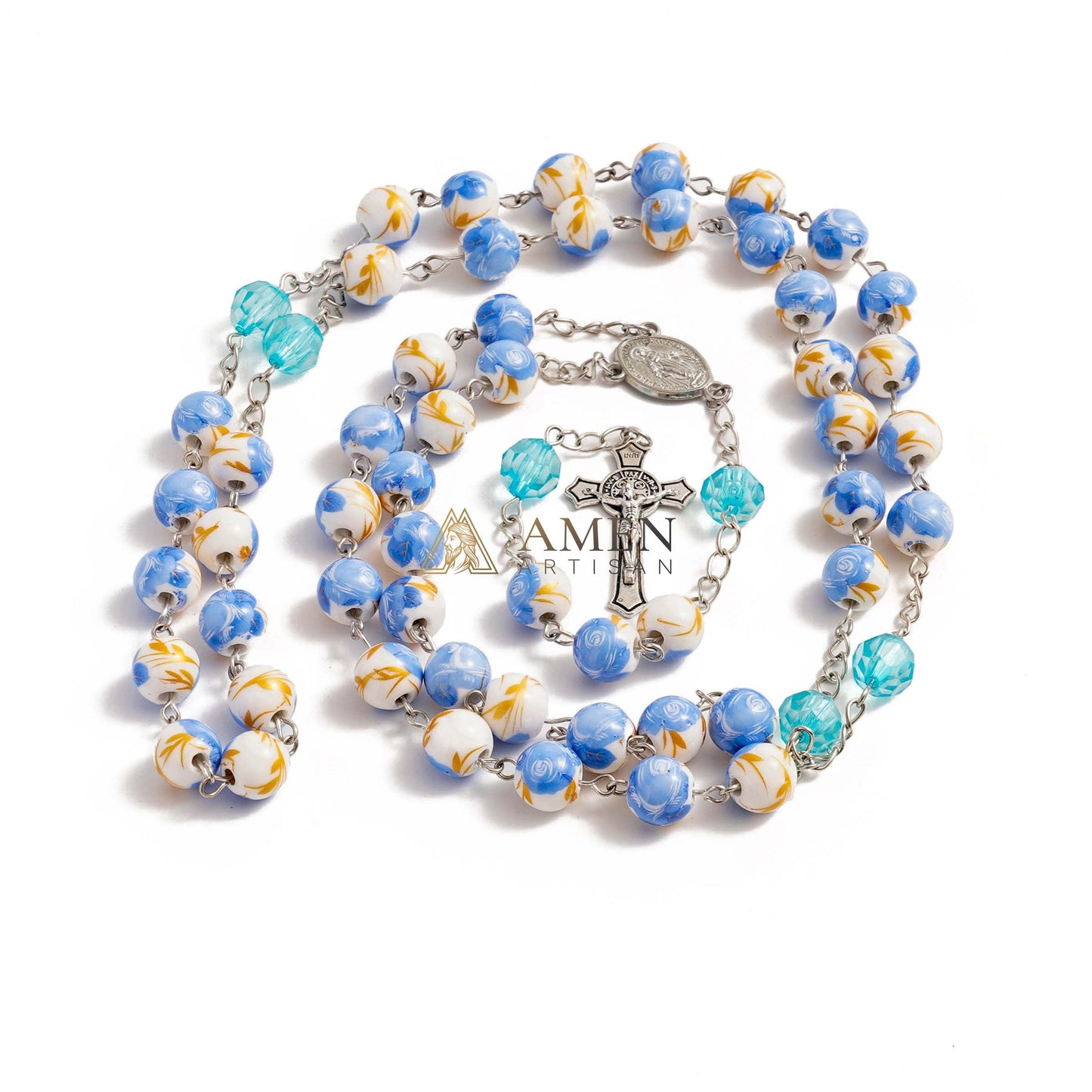 Blue Floral Ceramic Rosary Amen Artisan