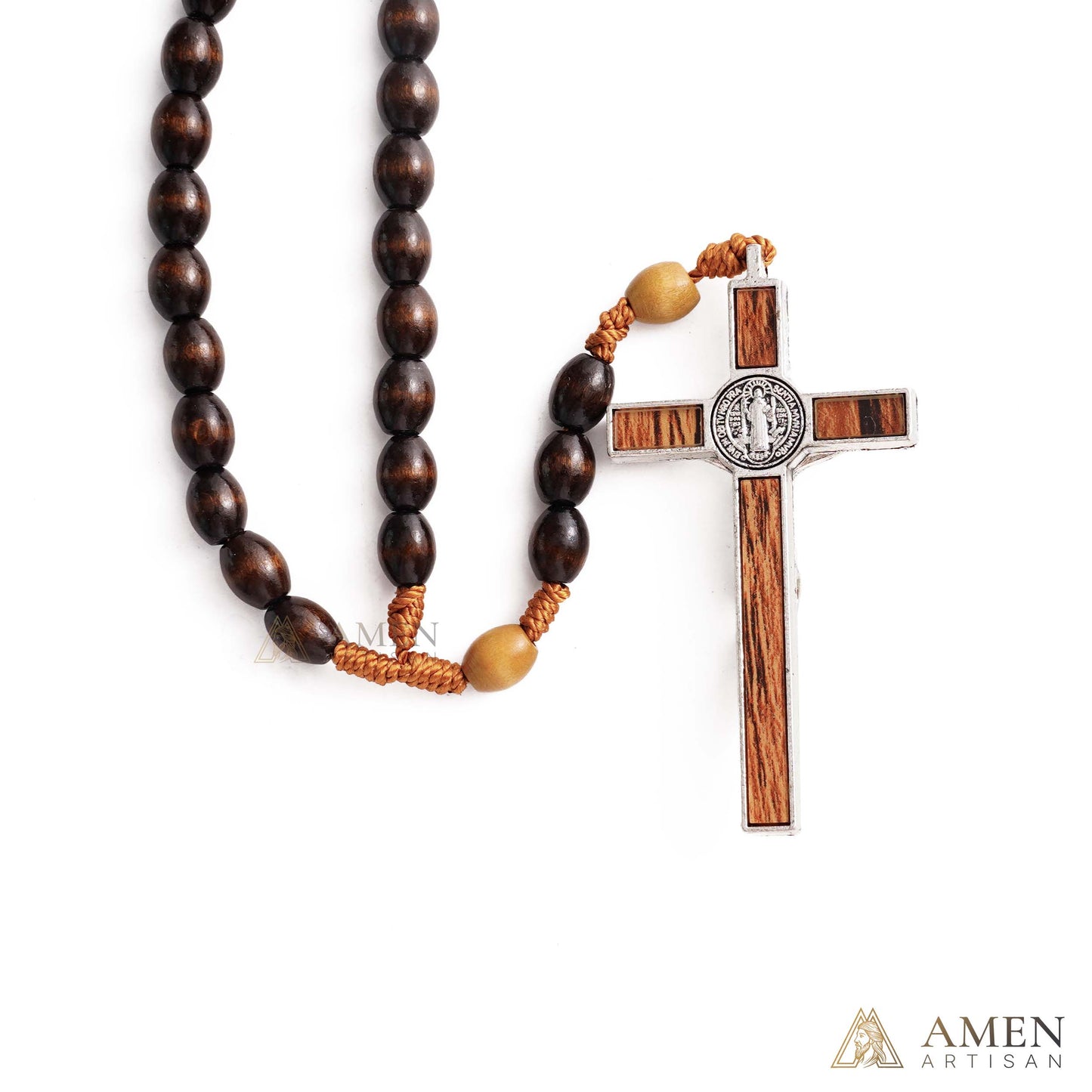 Woven Cord Wooden Rosary with St. Benedict Medal Cross - Sacred Blessing | Amen Artisan