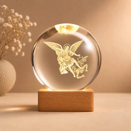 St. Michael Crystal Night Light with Wooden Base — Protection