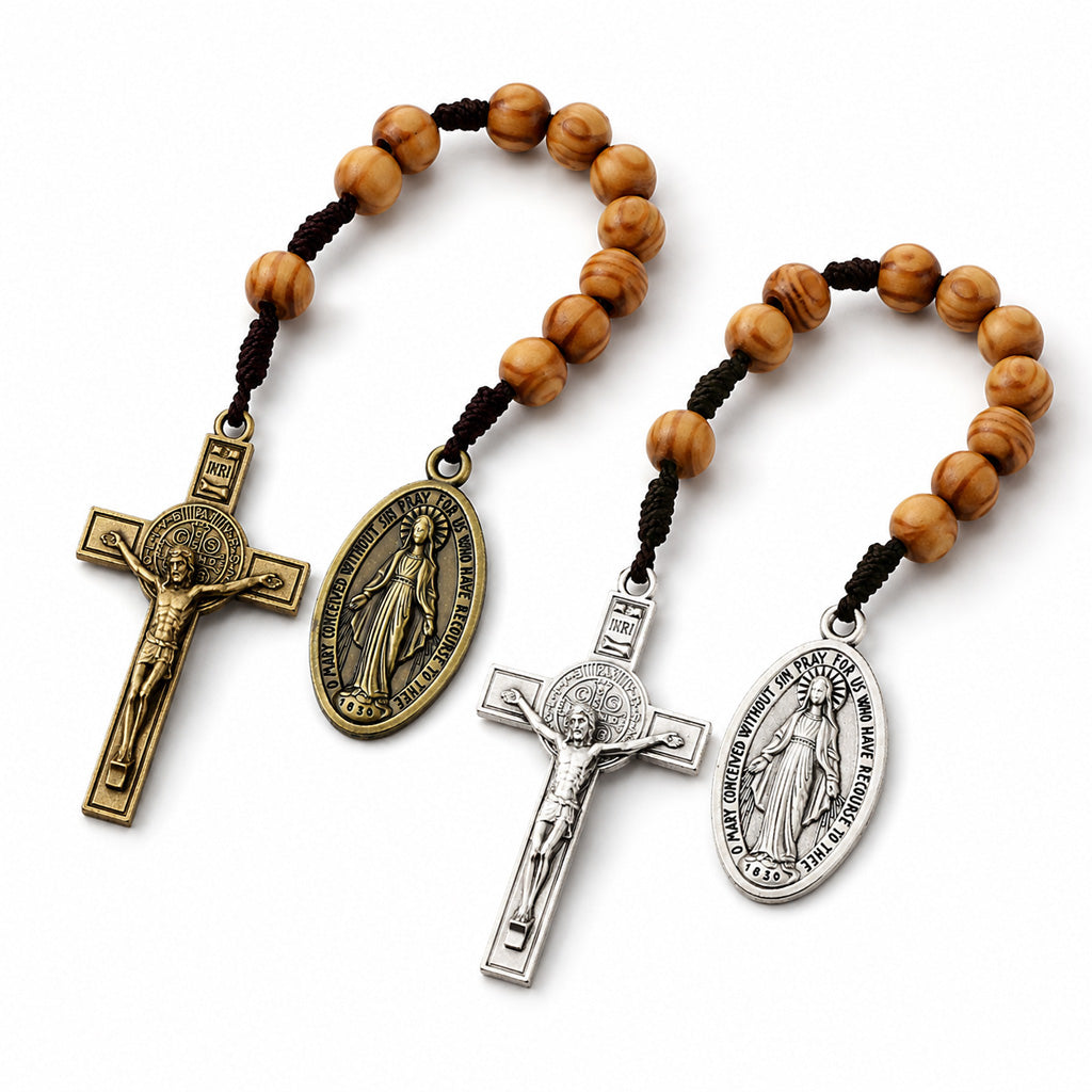 Portable Wooden Decade Rosary with St. Benedict Cross - Blessing & Peace | Amen Artisan