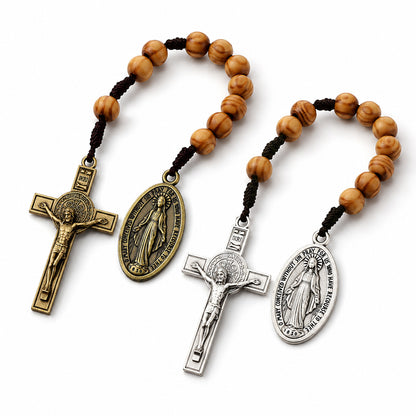 Portable Wooden Decade Rosary with St. Benedict Cross - Blessing & Peace | Amen Artisan