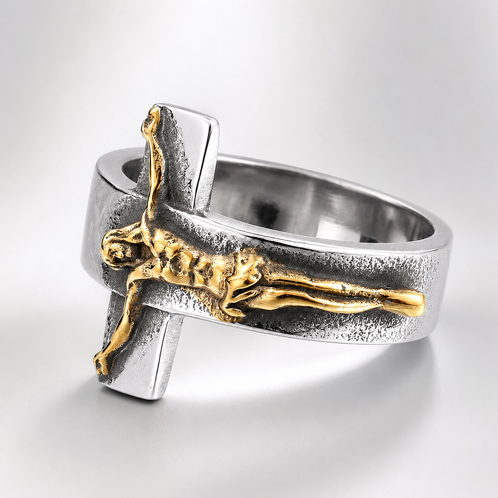 Vintage Cross Jesus Crucifix Titanium Steel Ring Amen Artisan