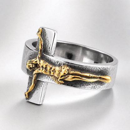 Vintage Cross Jesus Crucifix Titanium Steel Ring Amen Artisan