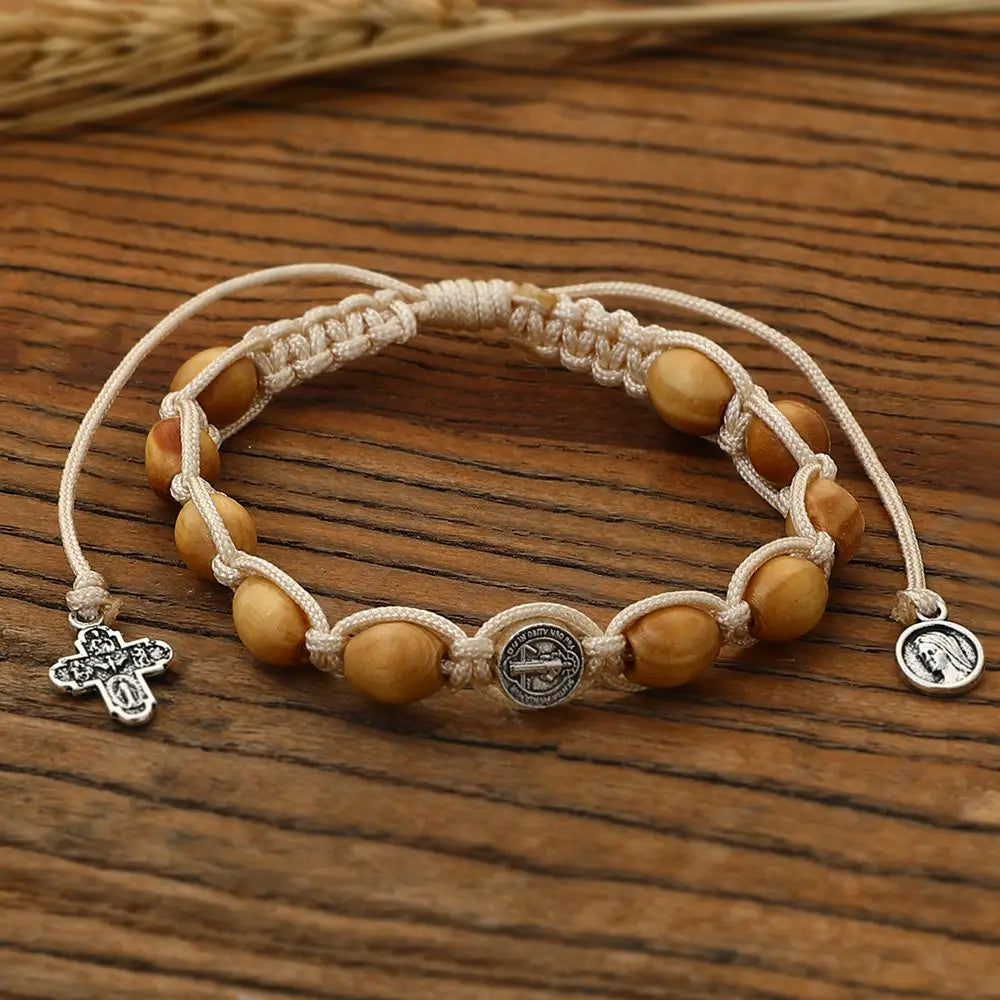 Braided Wooden Beads Saint Benedict Medal Bracelet