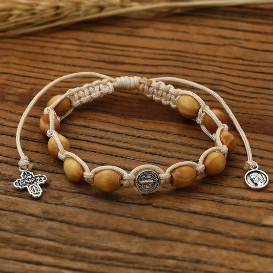 Braided Wooden Beads Saint Benedict Medal Bracelet Amen Artisan
