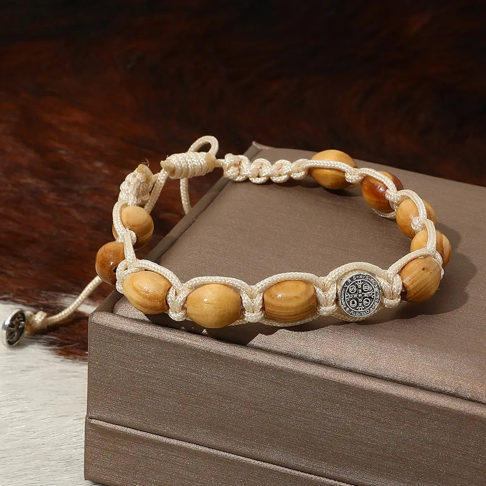 Braided Wooden Beads Saint Benedict Medal Bracelet