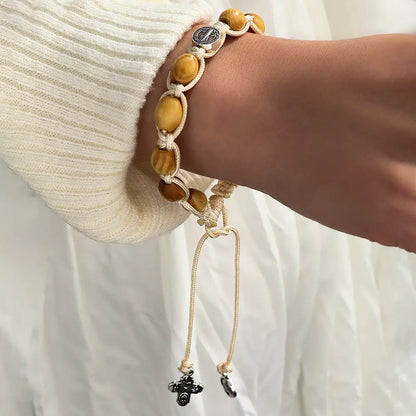 Braided Wooden Beads Saint Benedict Medal Bracelet
